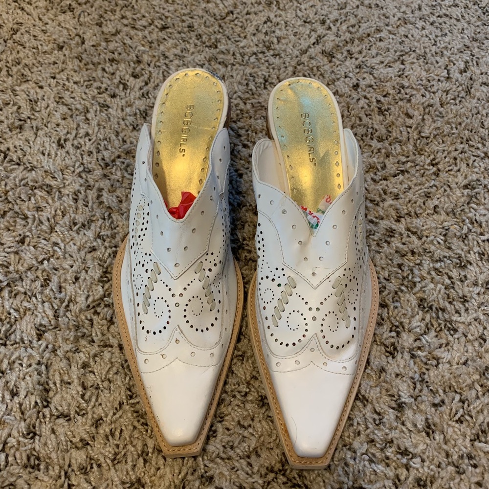 BCBG White Leather Mules